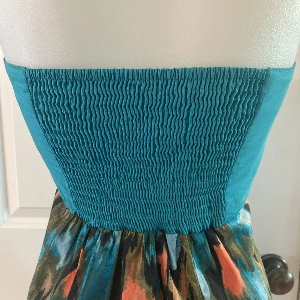 Anthropologie Girls From Savoy Teal‎ Painted Ikat Flared Strapless Dress Size 8